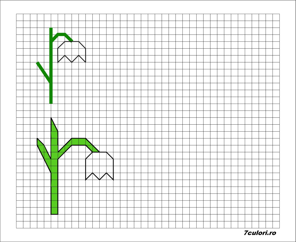 Desene pe pătrăşele. Numără pătratele, desenează şi colorează! Ghiocei de colorat