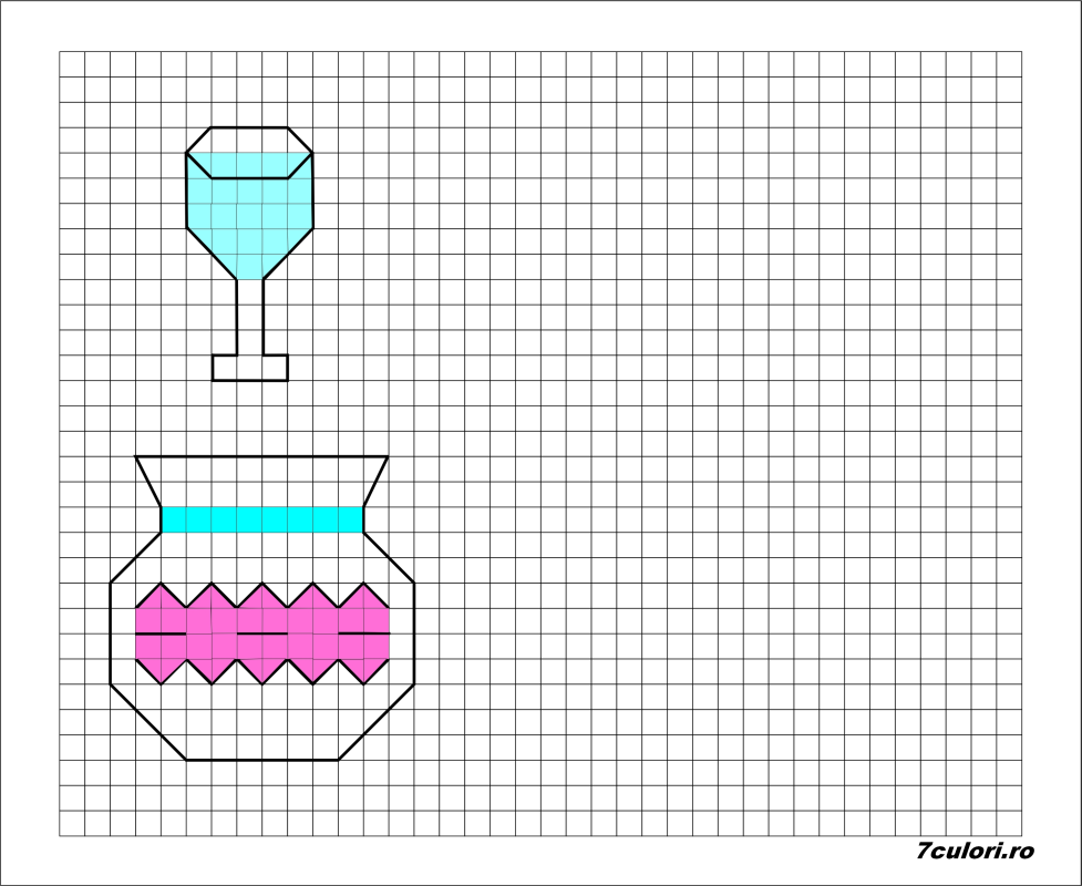 Desene pe pătrăţele. Numără punctele, desenează şi colorează.. Vază de colorat. Pahar de colorat