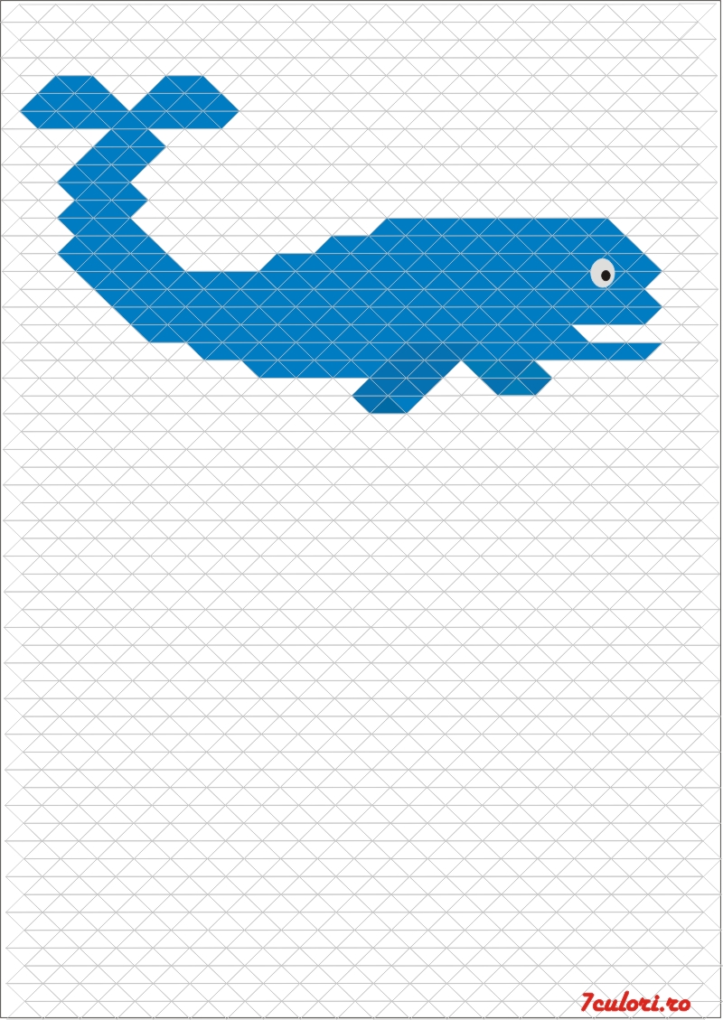 Balena de colorat. Deseneaza si coloreaza o balena pe triunghiuri, dupa model!