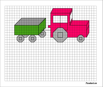 Desene pe pătrăţele. Numără  pătrăţelele, desenează şi colorează!  Tractor de colorat